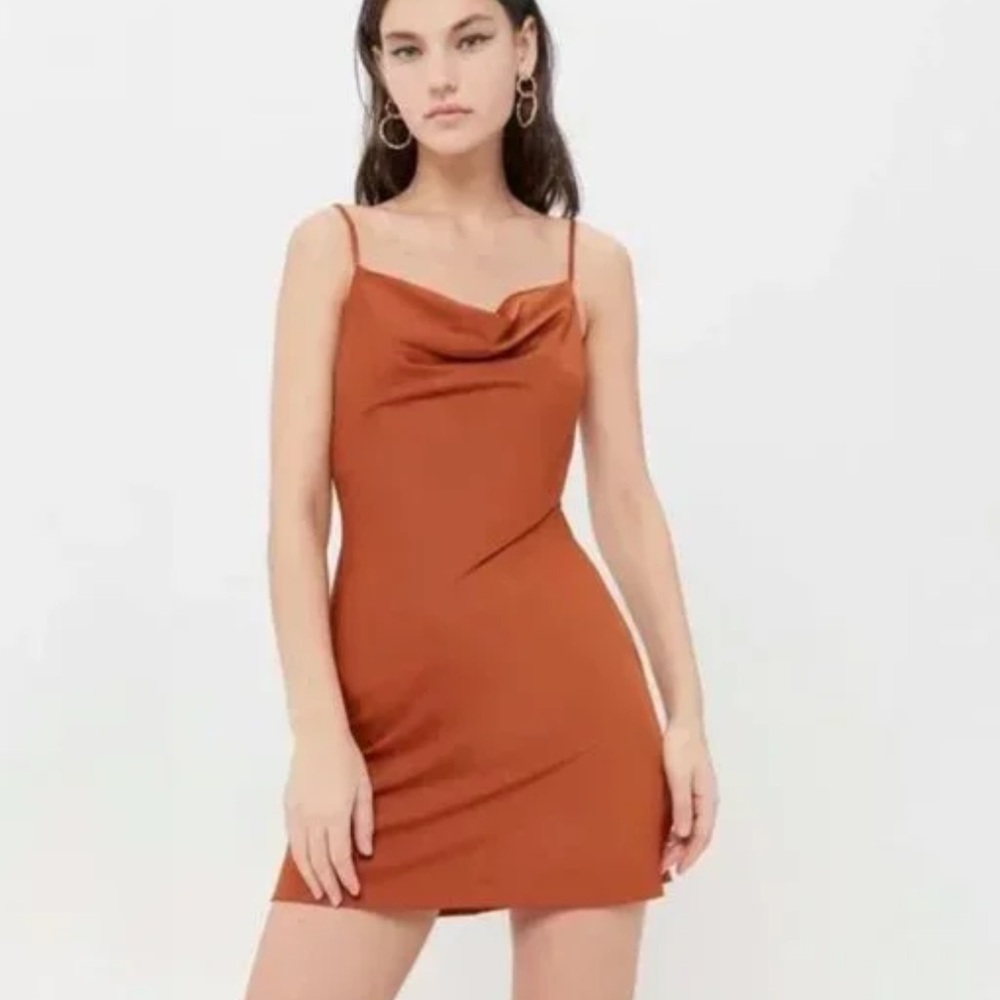 Urban Outfitters Mallory Satin Slip cowl neck Mini Dress -Terracotta
